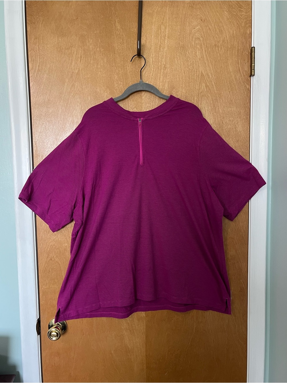 Lands’ End Women's Size 2X Magenta Short-Sleeve Zip-Front Striped Shirt